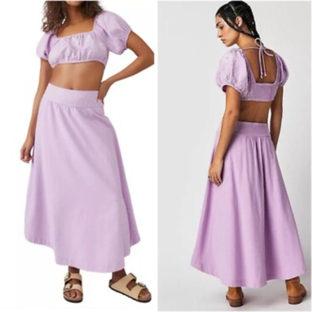 NWT Free People Lotus Crop Top Maxi Skirt 2 Piece Set Purple Orchid White $168.0